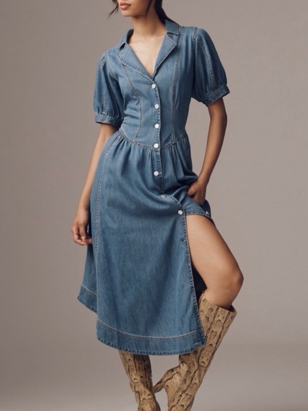 Anthropologie Blue Denim Midi Button-Front Dress